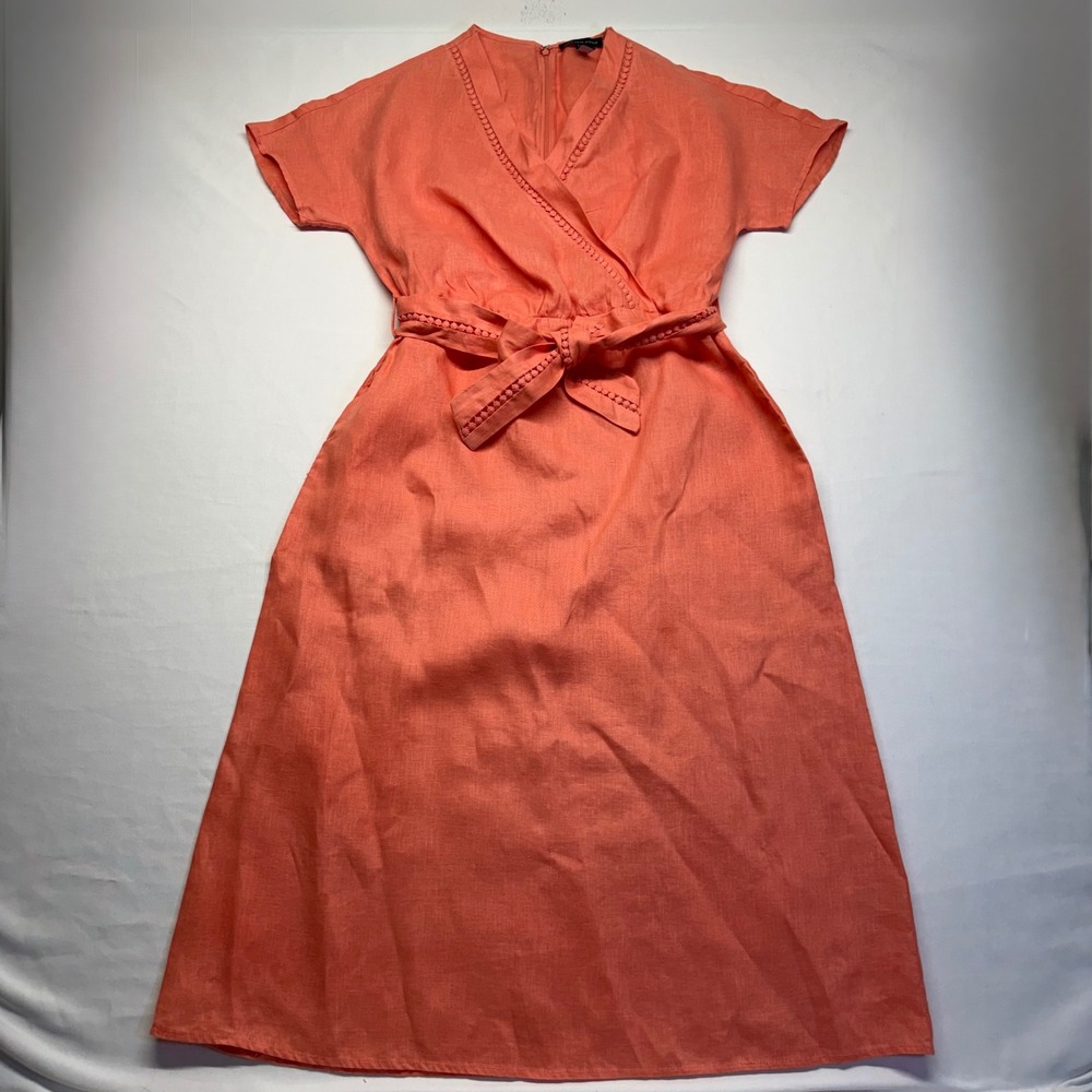 Saks Fifth Ave Linen Wrap Dress Coral Tie Waist Pom Trim Midi Summer